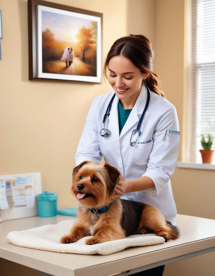 A heartwarming scene of a caring veterinarian gently examining a small, adorable dog in a bright, welcoming clinic. Surrounding them are soft colors and elements that emphasize compassion, like a cozy pet bed, a window with natural light, and framed photos of happy pets on the wall. The vet shows a warm smile, radiating empathy and trust. super-realistic. vibrant colors. warm lighting.