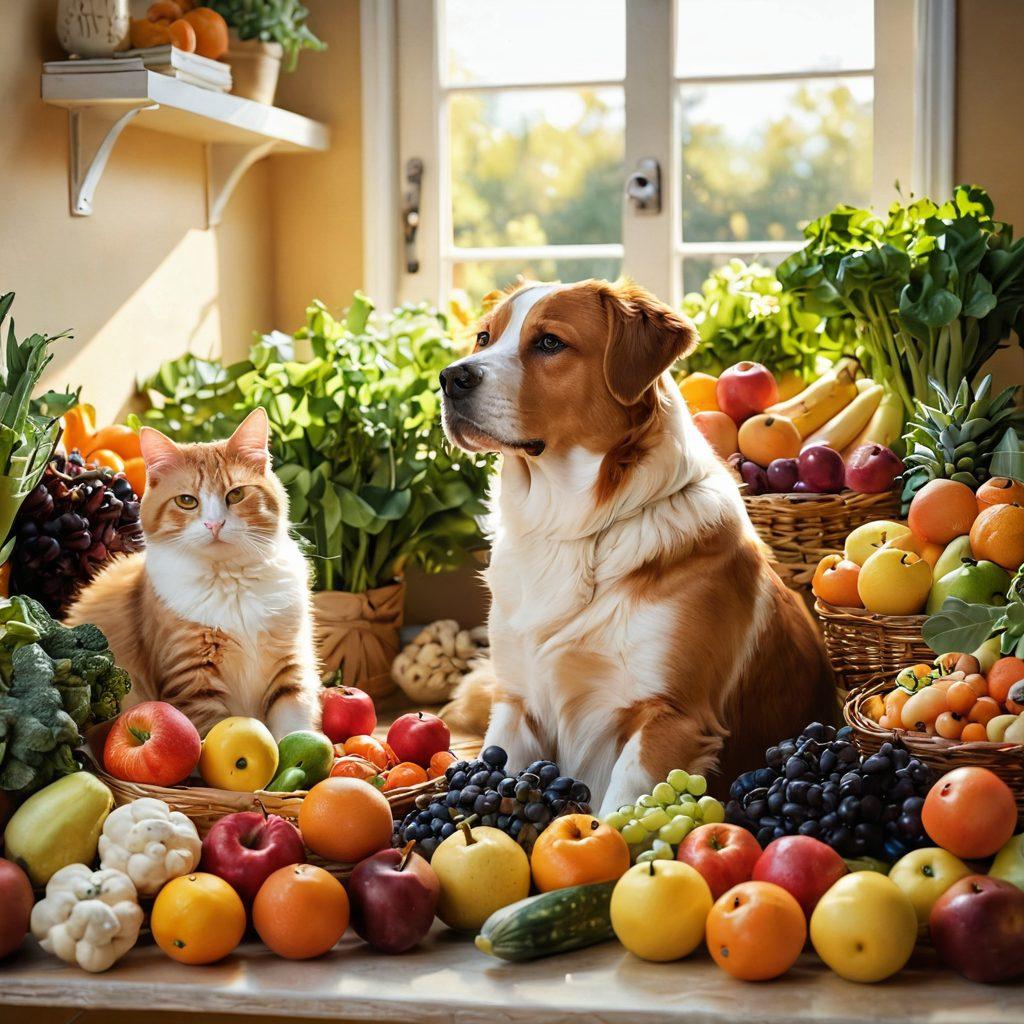 A cozy scene depicting a happy dog and cat sitting together in a sunlit room surrounded by colorful fruits and vegetables, symbolizing nutrition, with a gentle human hand offering a treat, representing emotional support. The background features soft, warm colors with elements of wellness like vitamins and herbal plants subtly integrated. playful and heartwarming. vibrant colors. super-realistic.